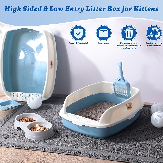 Sliner 7 Pcs Kitten Litter Box Starter Kit, 2 Plastic Small Kitty Litter Box Training Low Entry with Scoop, 2 Double Cat Bowl and Mat for Kitten Indoor(Blue)