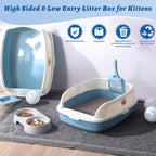 Sliner 7 Pcs Kitten Litter Box Starter Kit, 2 Plastic Small Kitty Litter Box Training Low Entry with Scoop, 2 Double Cat Bowl and Mat for Kitten Indoor(Blue)
