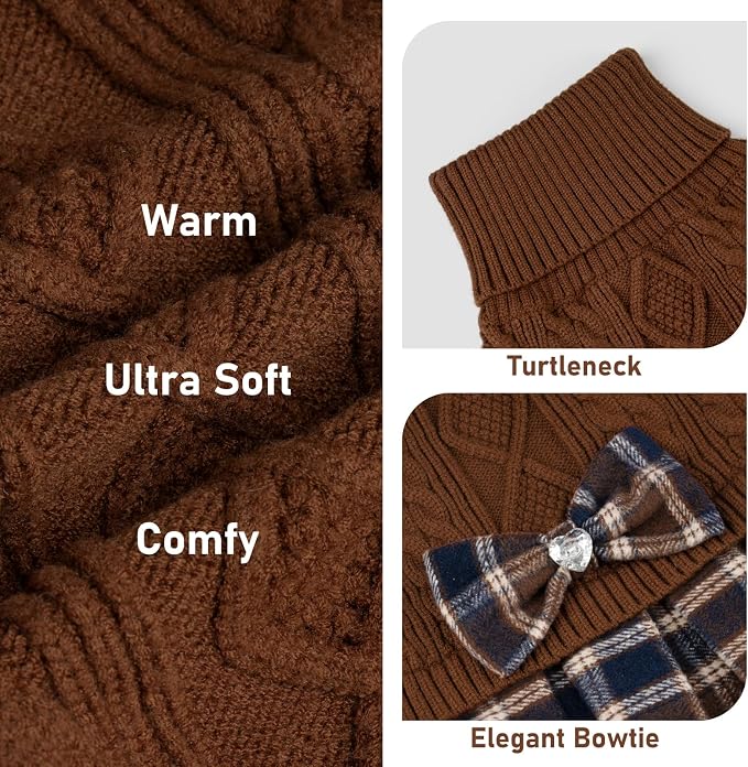 KYEESE Dog Sweater Dress Turtleneck Thick Knit Pullover for Cold Weather | Stretchy Fit, Lightweight & Warm, Cozy Knit Comfort, Cute Bow Accent, Gentle on Sensitive Skin, Comfortable Daily Wear