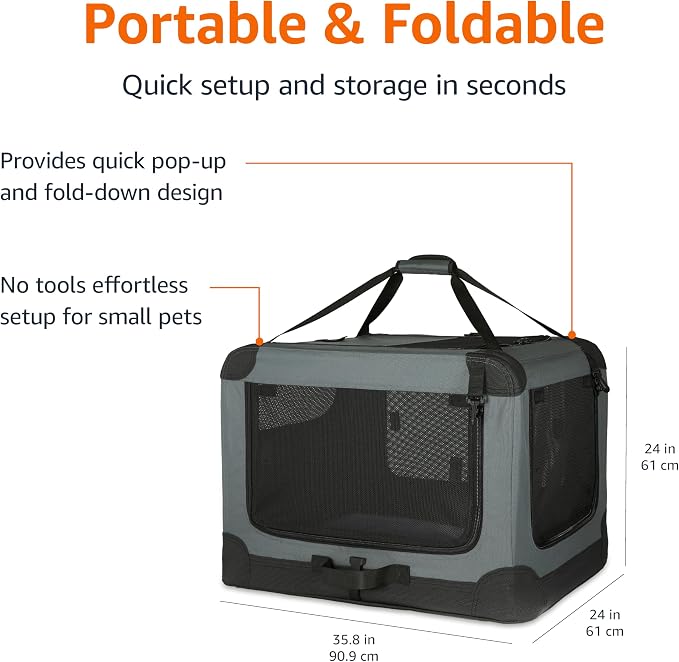Amazon Basics 4-Door Portable Folding Soft Dog Crate, Collapsible Travel Kennel for Cat, Dog, and Small Animals, Pop Up with Fleece Mat, Water-Resistant Base, Grey, 36" x 24" x 24"