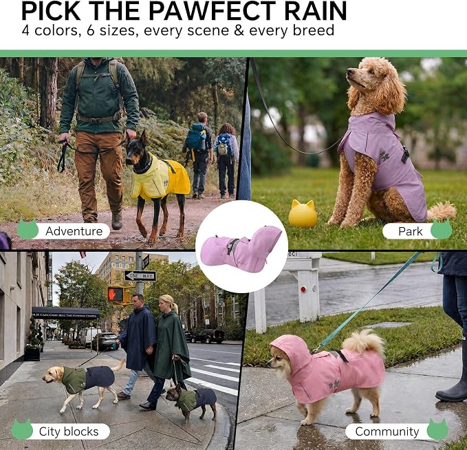 Luciphia Dog Raincoat, Adjustable Hooded Reflective Jacket with Pocket | Purple X-Large dog rain jacket with leash hole, buckle-on, non-stick fur. For daily walks