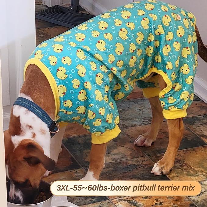 KYEESE Dog Pajamas Velvet Dog Pajamas Medium Sized Dogs Soft Dogs Clothes Pjs with Yellow Ducks Pattern Stretchy Pet Jammies Coat Comfy Pet Onesie Costume, 2X-Large