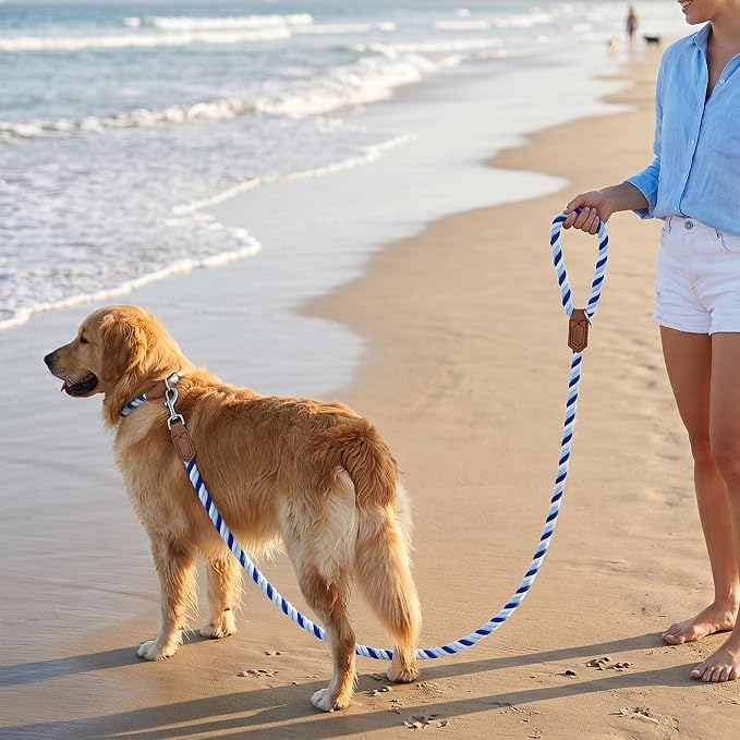 Mile High Life Rainbow Dog Leash Braided Cotton Rope w Leather-Wrapped Ends | Rust-proof 360° swivel clasp, Heavy-duty for medium/large breeds. Great for weddings, daily walks (4FT, 1/2", Blue Gradient)