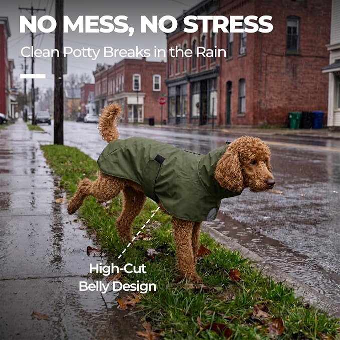 PU Dog Raincoat, Non-Toxic & Odorless Waterproof Vest, Adjustable High Collar and Hook & Loop Belly Closure for Rainy Potty Breaks & Wet Weather Outdoor Walks (Olive Green, X-Large)