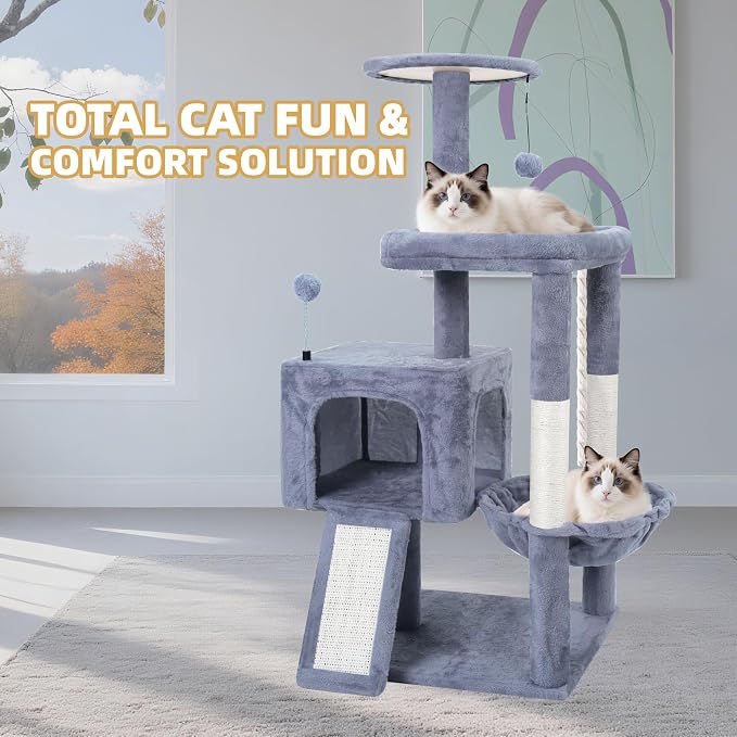 TWDEPART 37.5" All-in-One Cat Tree Tower with Scratching Board & Posts Cozy Sleeping Perch Hammock and Toy Balls,Grey