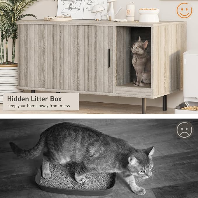 Halitaa 37.4" Cat Litter Box Enclosure with Scratch Pad, Sliding Door | Litter Box Enclosure Furniture Hidden Litter Box, Modern Indoor Cat House, TV Stand, Side End Table for Living Room, Grey