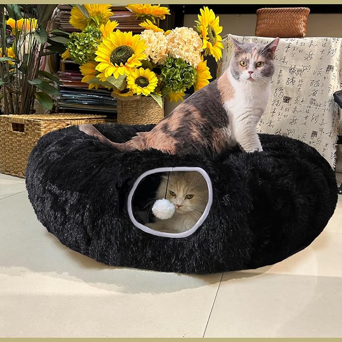 Cat Bed Tunnel Tube Toy Black Plush | Round, Collapsible Pet Tunnels for Indoor Cats, Interactive Toys Play Tubes with Hanging Ball for Kitten, Puppy, Rabbit