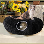 Cat Bed Tunnel Tube Toy Black Plush | Round, Collapsible Pet Tunnels for Indoor Cats, Interactive Toys Play Tubes with Hanging Ball for Kitten, Puppy, Rabbit
