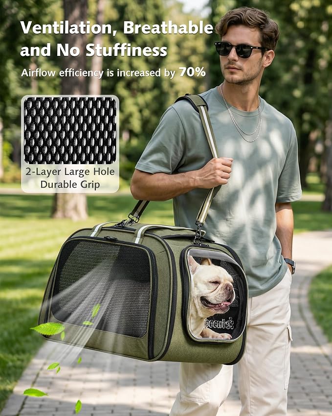 Pecute Cat Carrier with Bubble Window & Sunshade for Dogs Cats, Green XL | Dual bubble windows & top sunshade, 70% more airflow mesh, Impact-resistant stable frame, Locking zippers, Fits up to 20 lbs