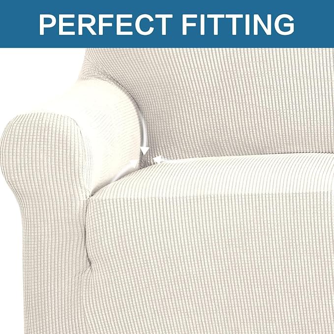 H.VERSAILTEX Stretch Couch Covers for Sofa 1 Piece Slipcovers for Couches and Sofas 3 Seater Couch Cover Feature Thick Checked Jacquard Fabric with Elastic Bottom(Large Sofa 90"-100" Wide, Ivory)