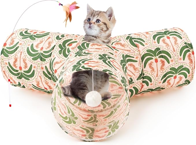Tempcore Cat Tunnel for Indoor Cats, 3 Way Collapsible Pet Play Tunnel with Teaser Wand, Peek Holes & Hanging Ball, Interactive Tube for Kittens & Rabbits, Khaki Coconut Tree
