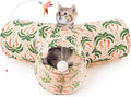 Tempcore Cat Tunnel for Indoor Cats, 3 Way Collapsible Pet Play Tunnel with Teaser Wand, Peek Holes & Hanging Ball, Interactive Tube for Kittens & Rabbits, Khaki Coconut Tree