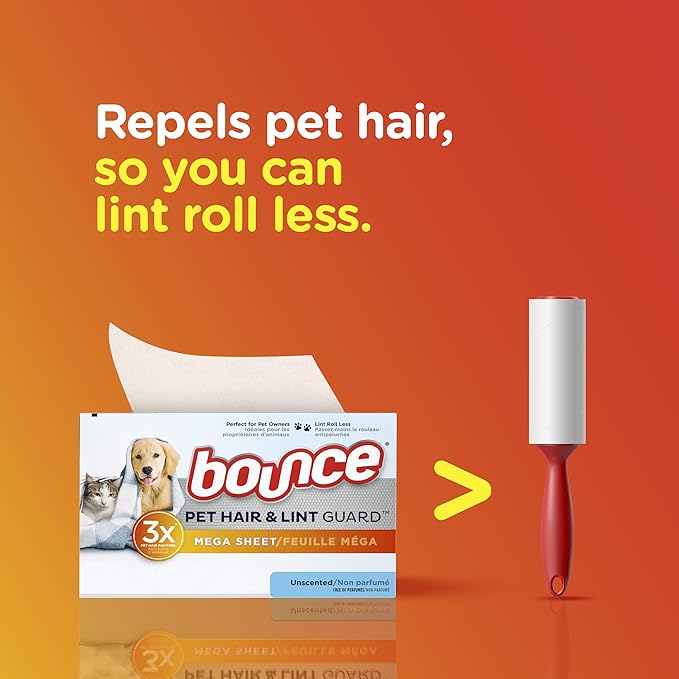 Bouce Bounce Pet Hair and Lint Guard Mega Dryer Sheets for Laundry, Fabric Softener with 3X Pet Hair Fighters, Unscented, Hypoallergenic, 120 Count