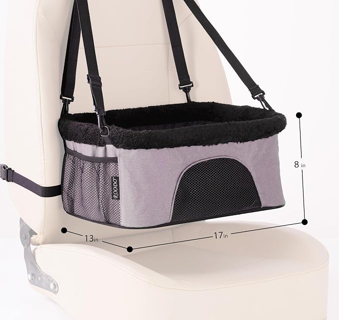 ROODO Dog Car Booster Seat with Safety Leash and Foldable Metal Frame for Small Pets up to 20 lbs Height-Adjustable Portable Puppy/Cat Car Seats with Plush Thick Cushion Mesh Window(Gray)