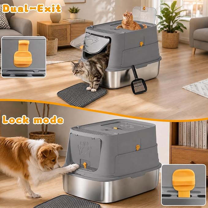Stainless Steel Cat Litter Box with Lid, XL Enclosed Metal Litter Box for Indoor Cats, Odor Control Covered Cat Litter Box with High Sides, Litter Mat and Scoop Included, Grey