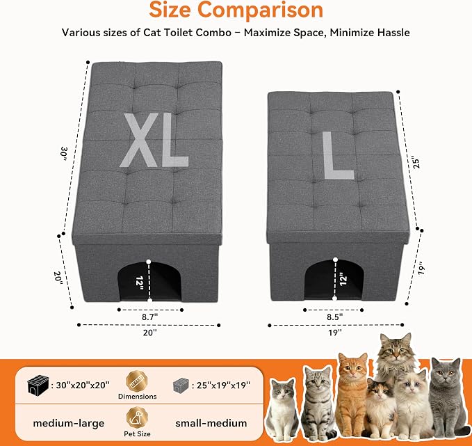 Zerbuger Cat Litter Box Enclosure Furniture for Odor Control,Hidden Cabinet | Cat Litter Box Furniture Ottoman With Flip-Up Lid,Cats Litter Box Bench With Storage Space, Dog Proof (Grey, Large)