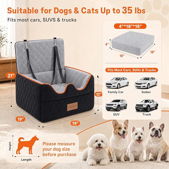 Dog Car Seat for Small/Medium Dogs Under 35lbs, Pet Booster Seat with 4In Memory Foam Cushion, Fully Detachable and Washable, Travel Dog Carseat with Storage Pocket and Safety Belt