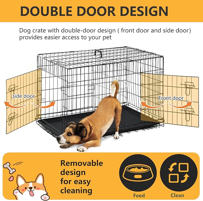 FDW Dog Crate Dog Kennel Cage with Double Door,36 inch Folding Metal Wire Dog Cage with Removable Tray&Divider Panel,Pet Crate for Medium Dogs,Black