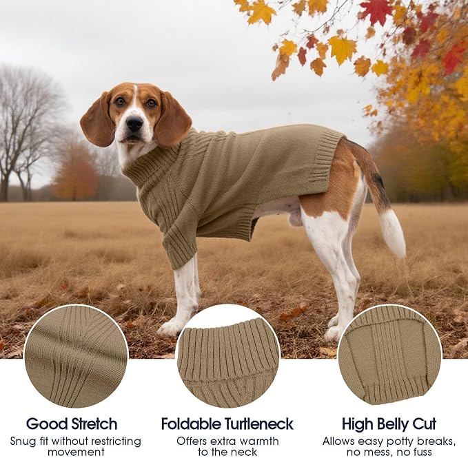 IECOii Dog Sweaters for Medium Dogs Girl Boy,Holiday Knit Doggy Sweatshirt with Sleeve,Turtleneck Thick Warm Dog Sweaters for Winter,Pullover Knitwear for French Bulldog,Boston Terrier (Camel, L)