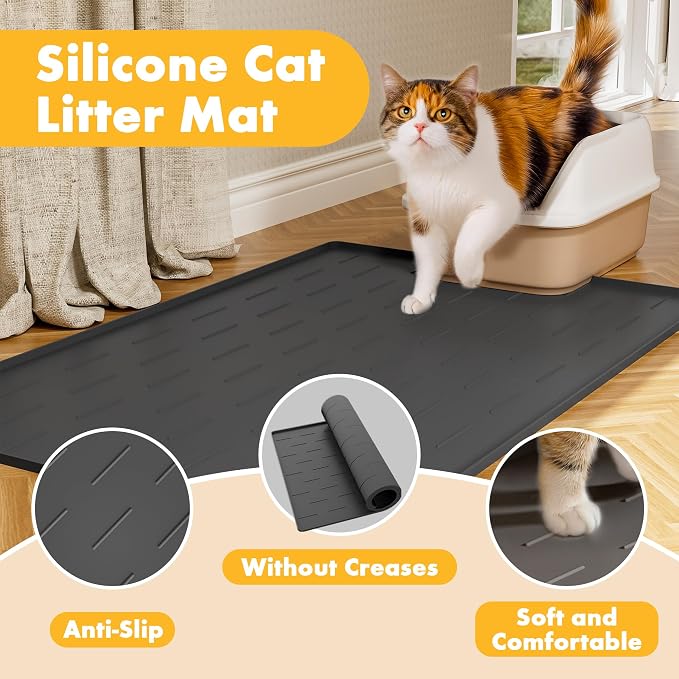 Pieviev Extra Large Silicone Litter Box Mat, Easy to Clean, 40'' x 28'' | Extra-Large Coverage Area Litter Mat, Soft on Kitty Paws, Grooves Reduce Waste, Raised Edges Trap Urine and Spills.