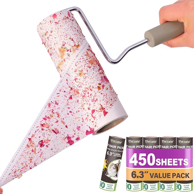 Extra Sticky Large Surface Lint Roller,6.3'' Giant Lint Roller Refills,5 Rolls 450 Sheets,Long Handle Lint Remover,Easily Remove Carpets, Clothes, Couch and Curtains Dust
