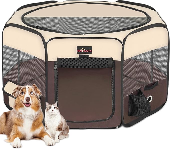 Aivituvin Dog Playpen Foldable Waterproof Pet Play Pens for Cat, Puppies, Rabbits, Chickens, Durable Portable Pet Tent for Travel Camping Indoor/Outdoor Brown XL