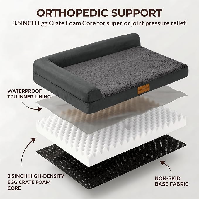 Patas Lague Orthopedic Medium Dog Bed Pet Sofa Beds 30''X20''Dark Grey | L Bolster Egg-Crate Foam Dog Couch For Medium Dogs, Waterproof Removable Washable Cover, Pet Mat with Nonskid Bottom