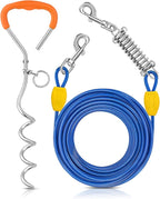Petbobi Dog Tie Out Cable and Stake, 50ft Heavy Duty Dog Leads for Yard | 4in Shock Spring, 16in Spiral Ground Anchor, 360° No-Tangle Swivel, Chew-Proof Rustproof Wire, Up to 120 lbs, Outdoor Camping