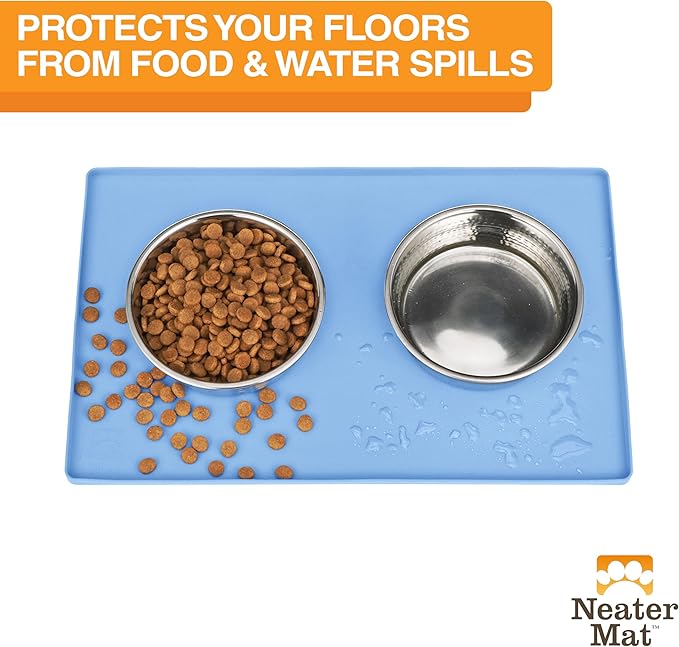 Neater Pet Brands Neater Mat Pet Mats for Food and Water, Cat & Dog Bowl Mat Waterproof Silicone, Feeding Tray, Dog Food Mats for Floors, Placemat w/Raised Edge for Under Bowls, 19” x 12”, Light Blue