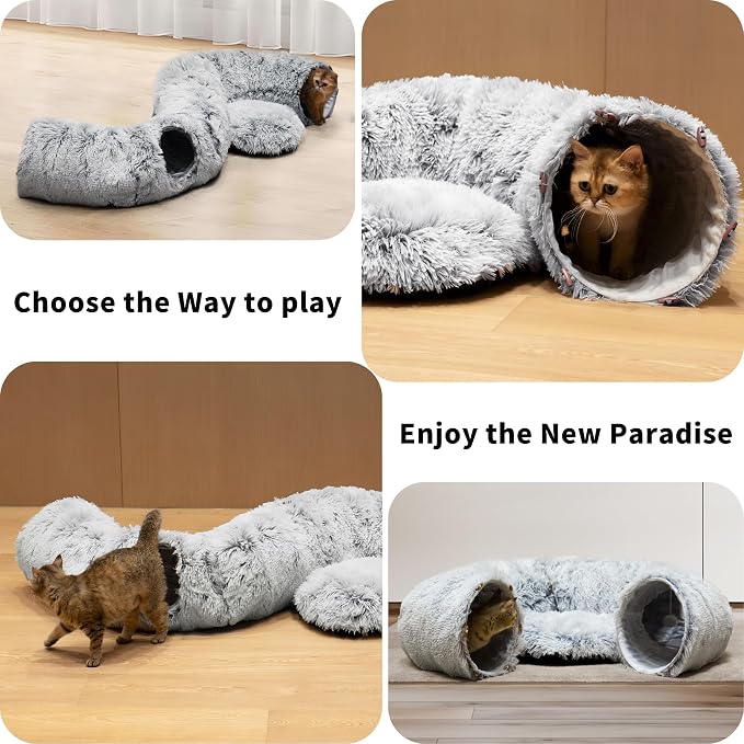 Cat Tunnel Bed for Indoor Cats with Washable Cushion Cat Cave Donut Tunnel with Fluffy Ball Big Round Tube Pet Playground Toys Soft Plush Peekaboo for Kitten, Cat, Puppy, Rabbit, Ferret