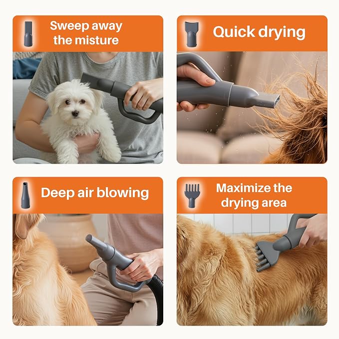 NEWBULIG Dog Hair Dryer with Heater for Grooming, Grey | 1550W High Velocity Speed Temperature Adjustable Pet Blow Dryer with 4 Nozzles