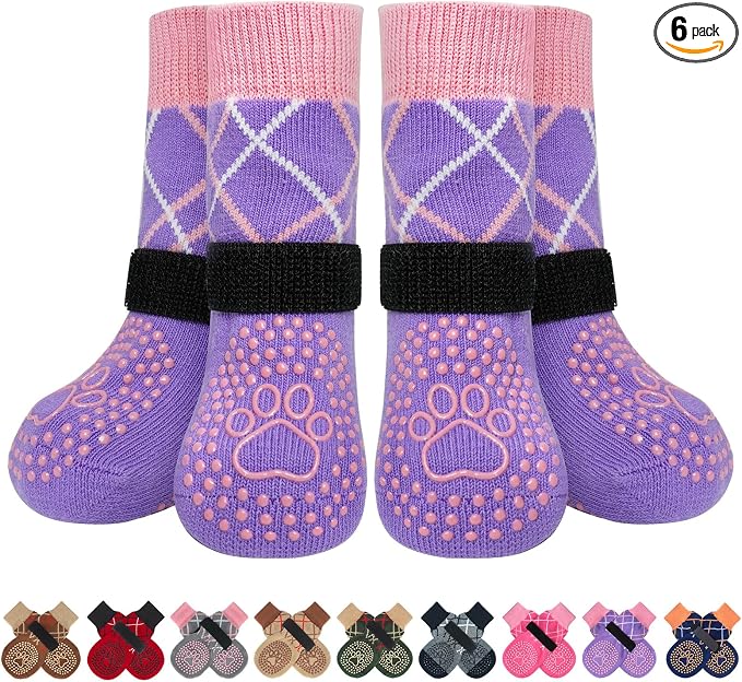 BEAUTYZOO 6PCS Dog Socks to Prevent Licking Paws, Anti Slip Dog Shoes for Hot Pavement Hardwood Floors, Traction Control Toe Grips Boots & Paw Protector for Small Medium Large Senior Dogs, Purple S