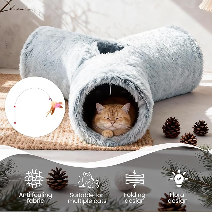Tempcore Plush Cat Tunnel for Indoor Cats, 3 Way Collapsible Pet Play Tunnel with Teaser Wand, Peek Holes & Hanging Ball, Interactive Tube for Kittens & Rabbits, Light Grey