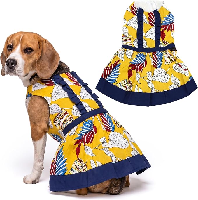 Parisian Pet Summer Dog Dress - Multicolor Clothes for Large Dogs Girl - Pet Dress with Leaf Pattern - Stylish Printed Beach Dog Outfit - Lightweight Puppy Clothes - Sleeveless Dresses for Dogs