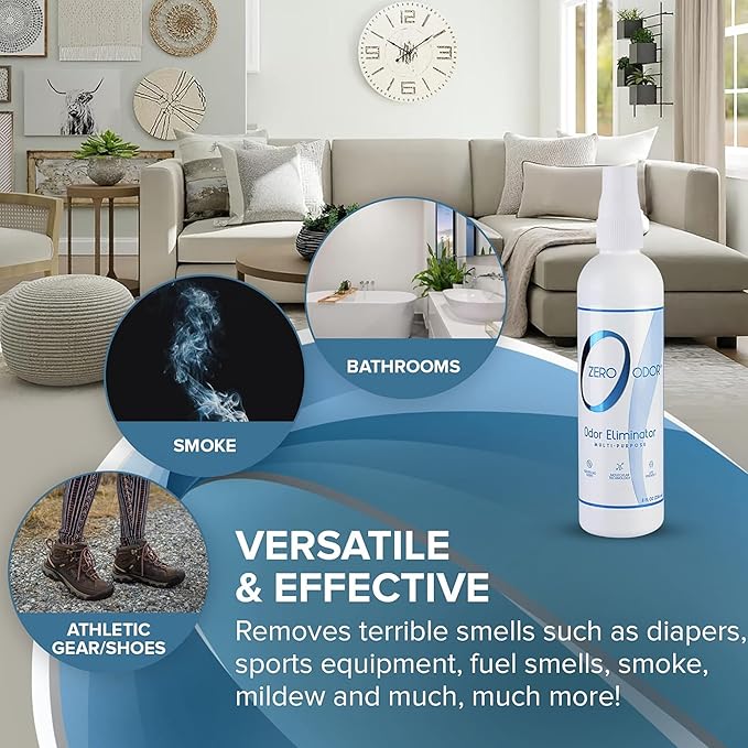 Zero Odor Multi-Purpose Odor Eliminator, Car & Room Air Freshener, 8 oz | Unscented Travel Size Spray for Bathroom, Closet, Kitchen & Small Spaces, Over 1,000 sprays