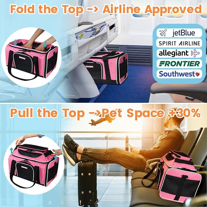 Petskd Top-Expandable Small Pet Carrier 17"x12"x8.5" Airline Approved | for JetBlue/Frontier/Spirit Airlines, Lockable Safety Zippers and Anti-Scratch Mesh, Soft-Sided, Pets Under 8 Lbs, Pink