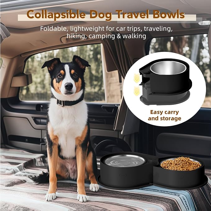 Newget 304 Stainless Steel Dog Bowl Set, 24oz Foldable Pet Dishes, Black | Dual Food & Water Pet Bowl, Anti-Skid, Keeps Food Fresh, Easy to Install, for Small - Large Dogs/Cats - Indoor & Outdoor Use