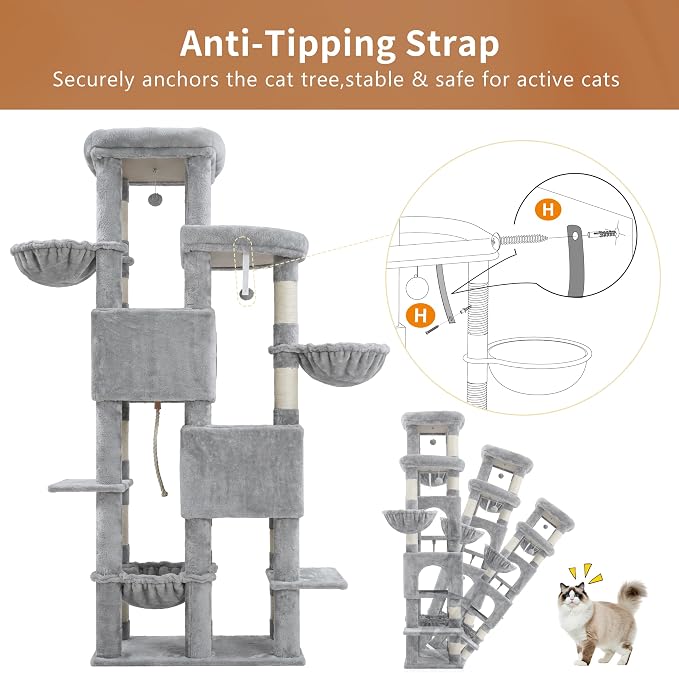 Heybly Cat Tree, 74.8-Inch Spacious & Tall Cat Tower for Large Cats HCT062W | Cat Furniture with Large Top Perch, Solid Base, 2 Cat Condos, Hanging Hammock, Durable Sisal Scratching Posts, Light Gray