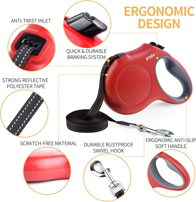 Fida Retractable Dog Leash for Large Breed up to 110 lbs, 16 ft Heavy Duty Pet Walking Leash with Dispenser and Poop Bags, Anti-Slip Handle, Reflective Strong Nylon Tape (L, Red)