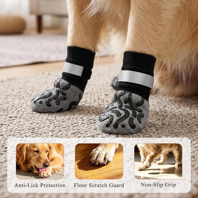 Anti Slip Dog Socks to Prevent Licking Paws Reflective Safety Dog Shoes for Hot Pavement Winter Dogs Boots & Paw Protectors with Grippers for Hardwood Floors Small Medium Large Dogs (Stripe, M)