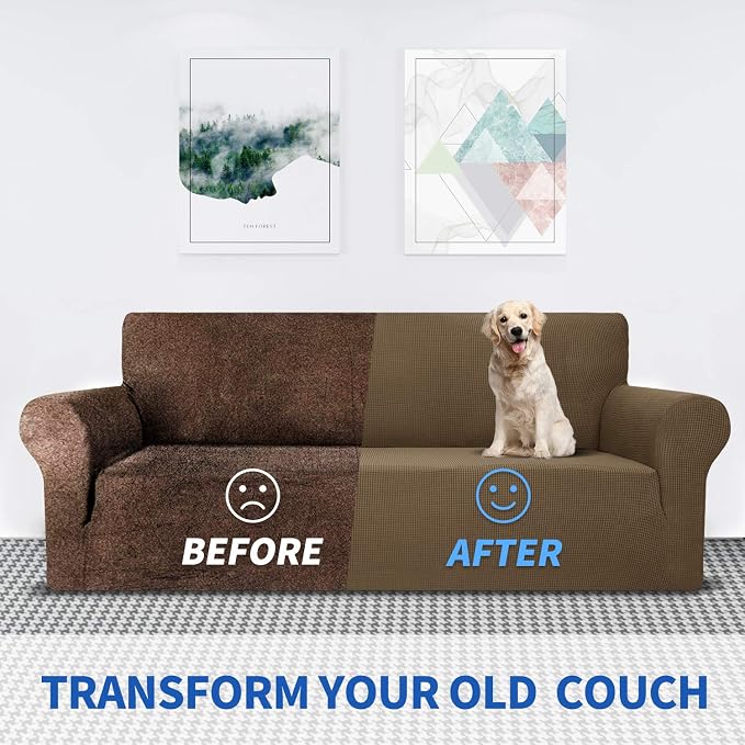 MAXIJIN Super Stretch Couch Cover for 3 Cushion Couch, 1-Piece Universal Sofa Covers Living Room Jacquard Spandex Furniture Protector Dogs Pet Friendly Fitted (Extra Large, Brown)