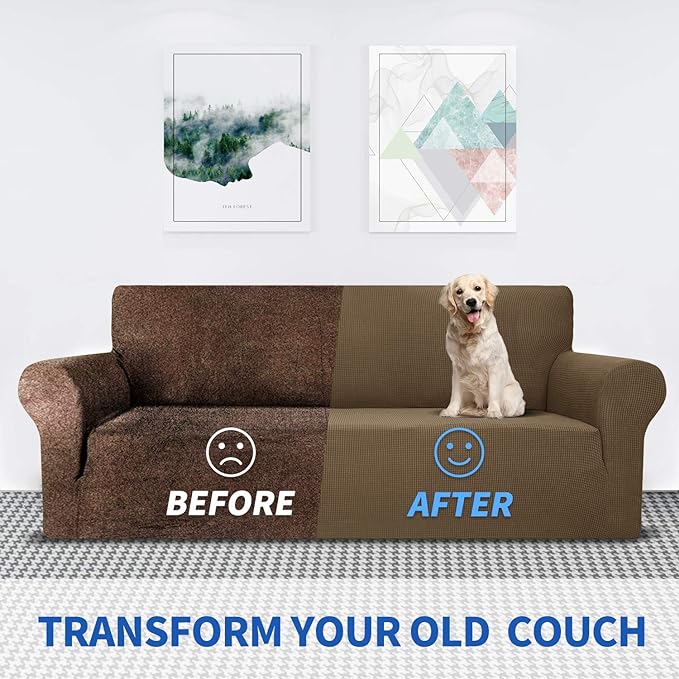 MAXIJIN Super Stretch Couch Cover for 3 Cushion Couch, 1-Piece Universal Sofa Covers Living Room Jacquard Spandex Furniture Protector Dogs Pet Friendly Fitted (Large, Brown)
