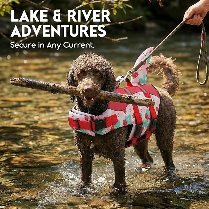 ASENKU Dog Life Jacket - Pet Safety Vest for Swimming & Boating, Shark Life Jacket with Floatation, Dog Lifesavers Swimsuits for Small Medium Large Dogs (Strawberry, M)