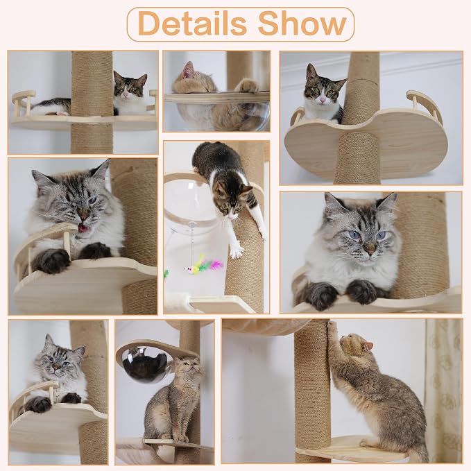 Floor to Ceiling Cat Tree Height (50-120.5in) Adjustable Cat Tower 5 Tier Hemp Scratching Post High Cat Tree Sturdy Activity Tree Indoor Outdoor Cat Scratching Post Activity Center