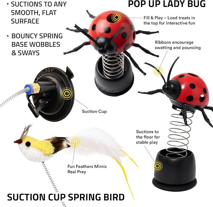 Playology Cat Toys | Limited Edition Toys - Suction Cup Springbird with Feathers & Pop-Up Ladybug Treater | Interactive Fun for Indoor Cats