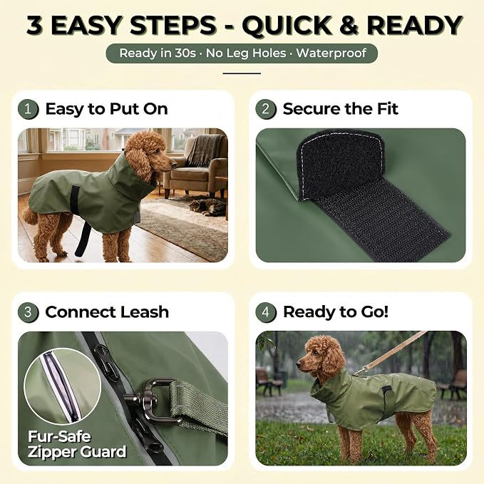 PU Dog Raincoat, Non-Toxic & Odorless Waterproof Vest, Adjustable High Collar and Hook & Loop Belly Closure for Rainy Potty Breaks & Wet Weather Outdoor Walks (Olive Green, X-Large)