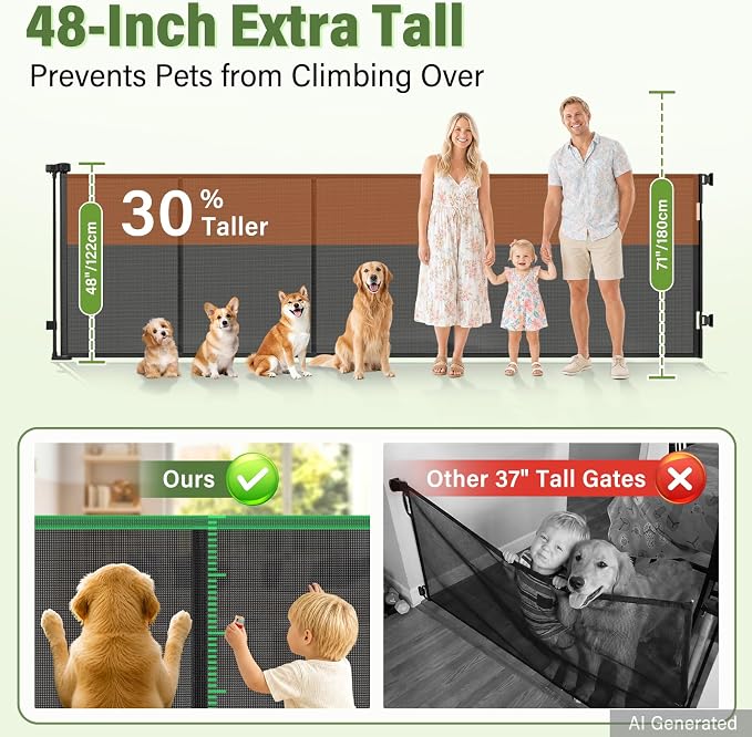 48" Tall 150" Wide Outdoor Retractable Gate for Dogs, All-Weather Resistant | Rustproof Stainless Steel Hardware, Reinforced Tall Retractable Baby Gates Outdoor Retractable Fence, Easy Install, Black