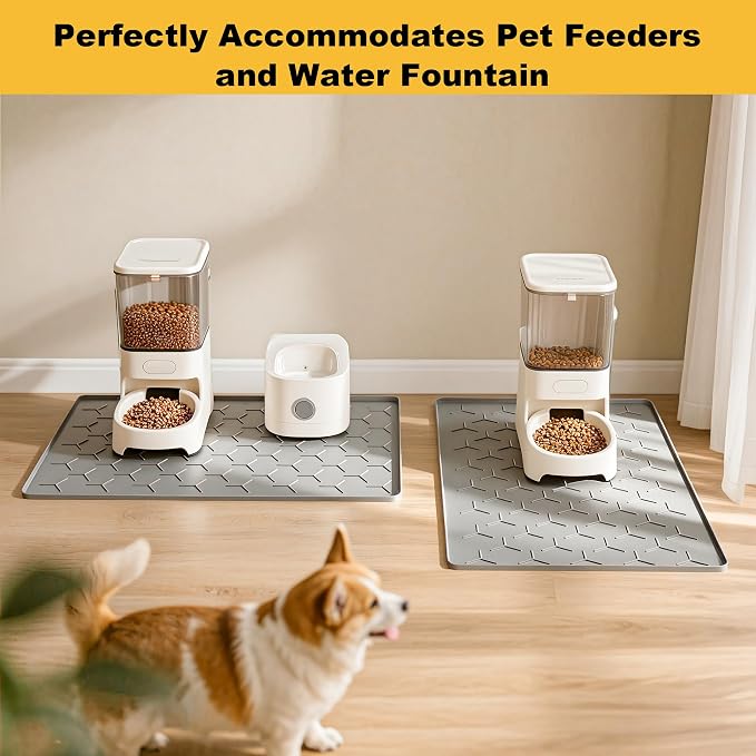 Pieviev Silicone Dog Cat Food Bowl Mat, Waterproof Raised Edge, 24'' x 16'' | Food-Grade Bpa-Free Pet Food Mat, Waterproof & Non-Slip, Raised Edges Contains Spills & Drips, Fits Pet Bowls and Fountains