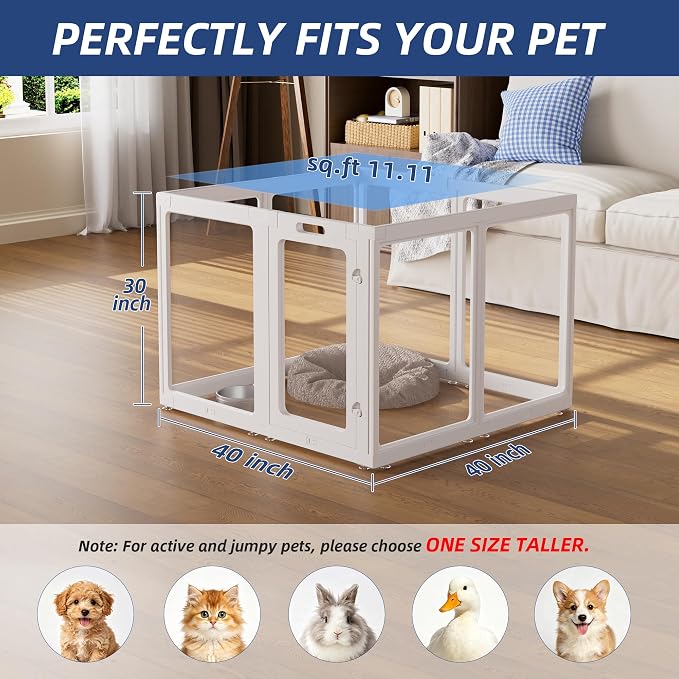 Clear Acrylic Dog Playpen Indoor, Puppy Cat Small Pet Play Pen, Pet Cat Playpen for Rabbits, Dog Fence Crate Kennel Whelping Cage (30", White, 8 Panel)