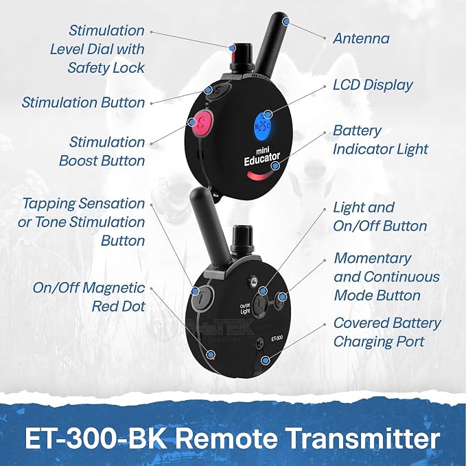 Educator ET-300 Black Mini E Collar for Dog Training with Remote - 1/2 Mile Range, Waterproof, 100 Blunt Stimulation Levels, Tone or Vibration Mode, Night Light Tracking for Small, Medium & Large Dogs